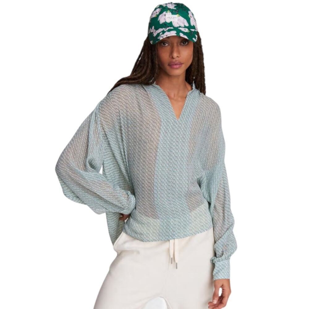 Rag & Bone The Carly Semi-Sheer Green Print Band Collar Blouse Size Medium NWOT